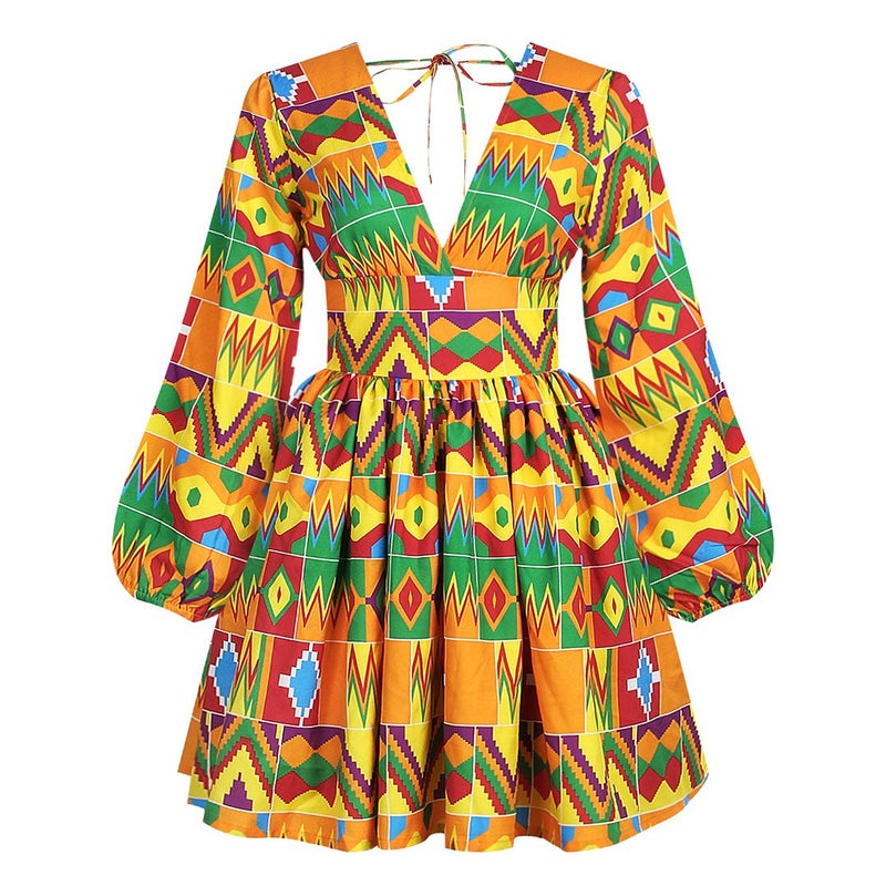 Mocure African Dashiki Printing Dress Long Sleeve A Line Swing Dresses - Image 1